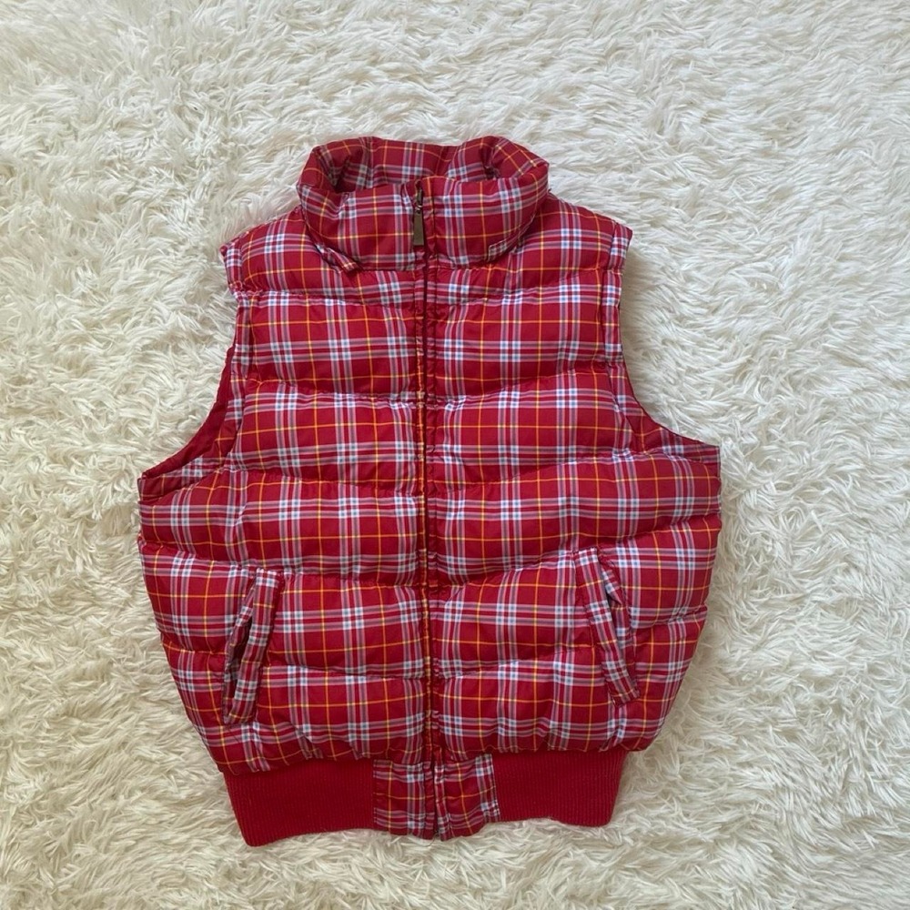 Vintage Y2K Glam Red plaid puffer vest with hood Size M